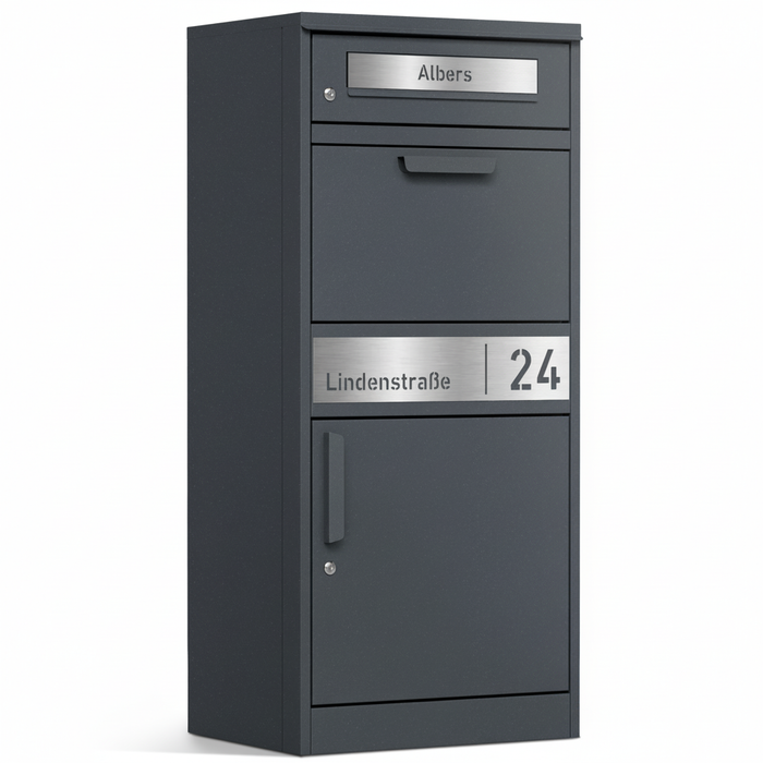 Paketbox PB1 mit Briefkasten | anthrazit - RAL7016 | personalisiert mit Edelstahl-Schild