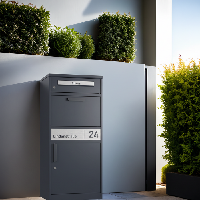 Paketbox PB1 mit Briefkasten | anthrazit - RAL7016 | personalisiert mit Edelstahl-Schild