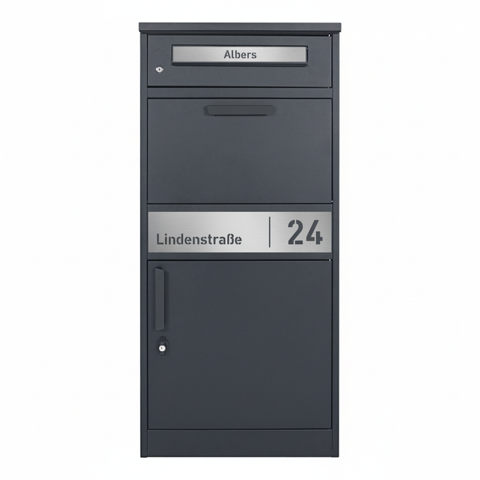 Paketbox PB1 mit Briefkasten | anthrazit - RAL7016 | personalisiert mit Edelstahl-Schild