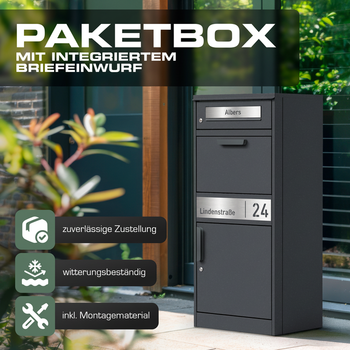 Paketbox PB1 mit Briefkasten | anthrazit - RAL7016 | personalisiert mit Edelstahl-Schild