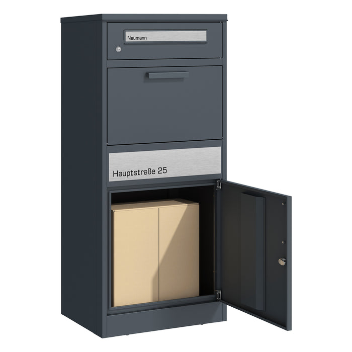 Paketbox PB1 mit Briefkasten | anthrazit - RAL7016 | personalisiert mit Edelstahl-Schild