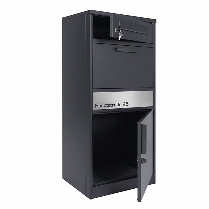 Paketbox PB1 mit Briefkasten | anthrazit - RAL7016 | personalisiert mit Edelstahl-Schild