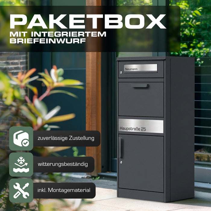 Paketbox PB1 mit Briefkasten | anthrazit - RAL7016 | personalisiert mit Edelstahl-Schild