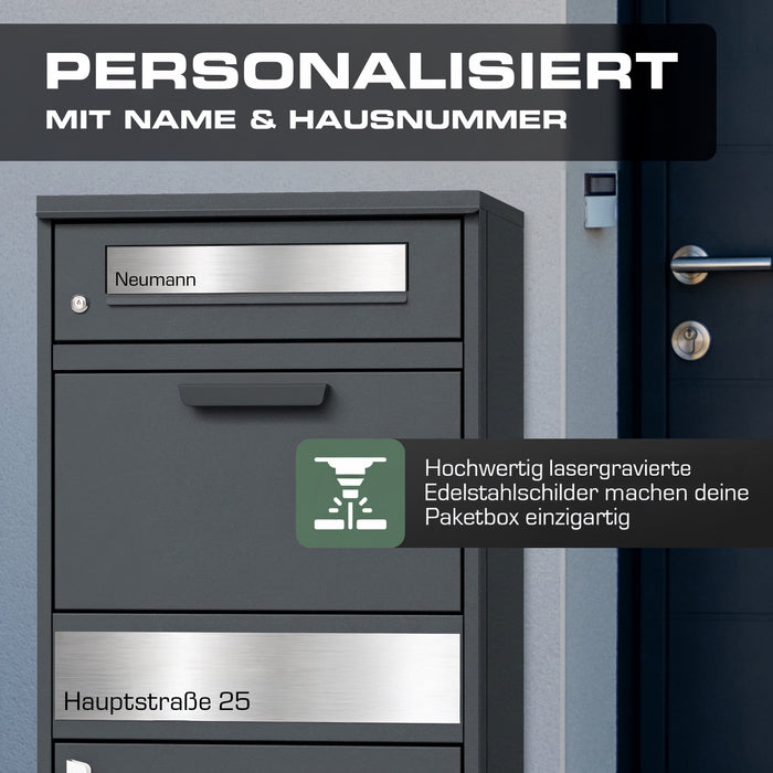Paketbox PB1 mit Briefkasten | anthrazit - RAL7016 | personalisiert mit Edelstahl-Schild