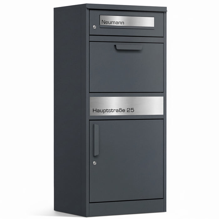 Paketbox PB1 mit Briefkasten | anthrazit - RAL7016 | personalisiert mit Edelstahl-Schild