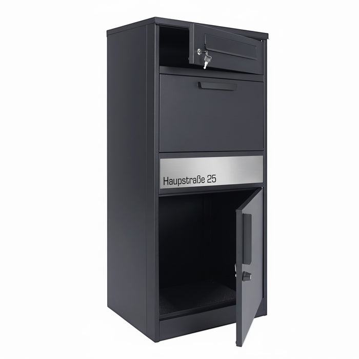 Paketbox PB1 mit Briefkasten | anthrazit - RAL7016 | personalisiert mit Edelstahl-Schild