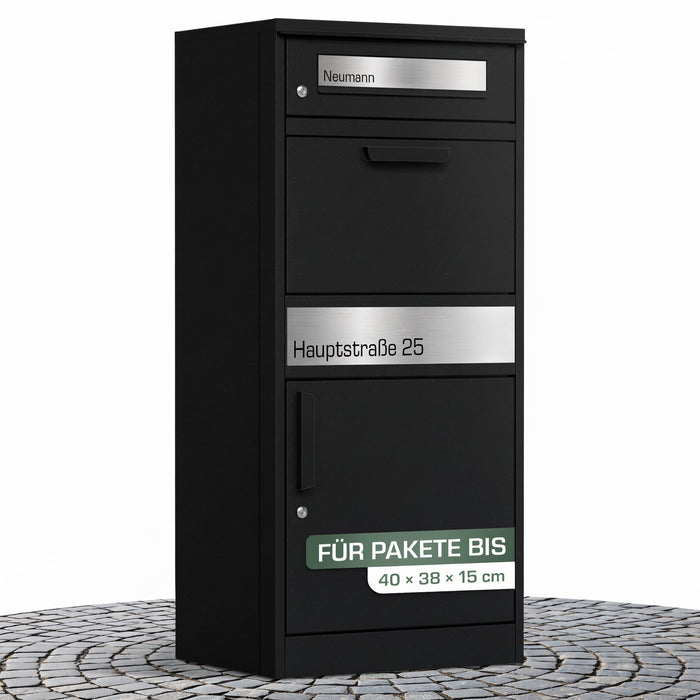 Paketbox PB1 mit Briefkasten | schwarz (RAL9005) | personalisiert mit Edelstahl-Schild