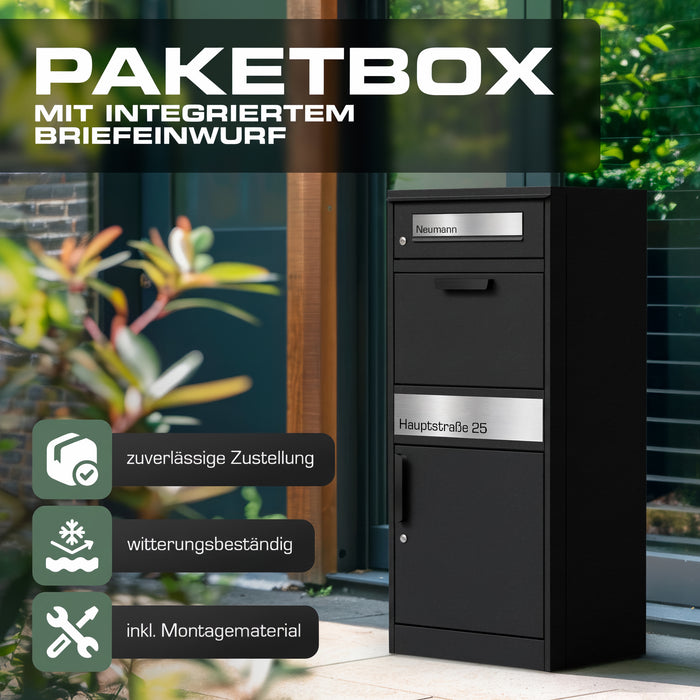 Paketbox PB1 mit Briefkasten | schwarz (RAL9005) | personalisiert mit Edelstahl-Schild