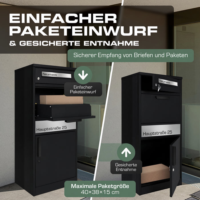 Paketbox PB1 mit Briefkasten | schwarz (RAL9005) | personalisiert mit Edelstahl-Schild
