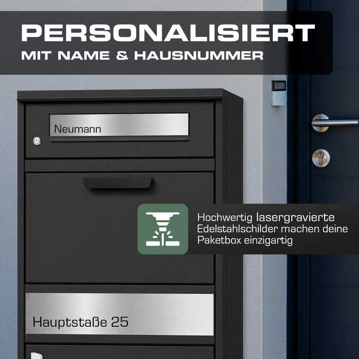 Paketbox PB1 mit Briefkasten | schwarz (RAL9005) | personalisiert mit Edelstahl-Schild