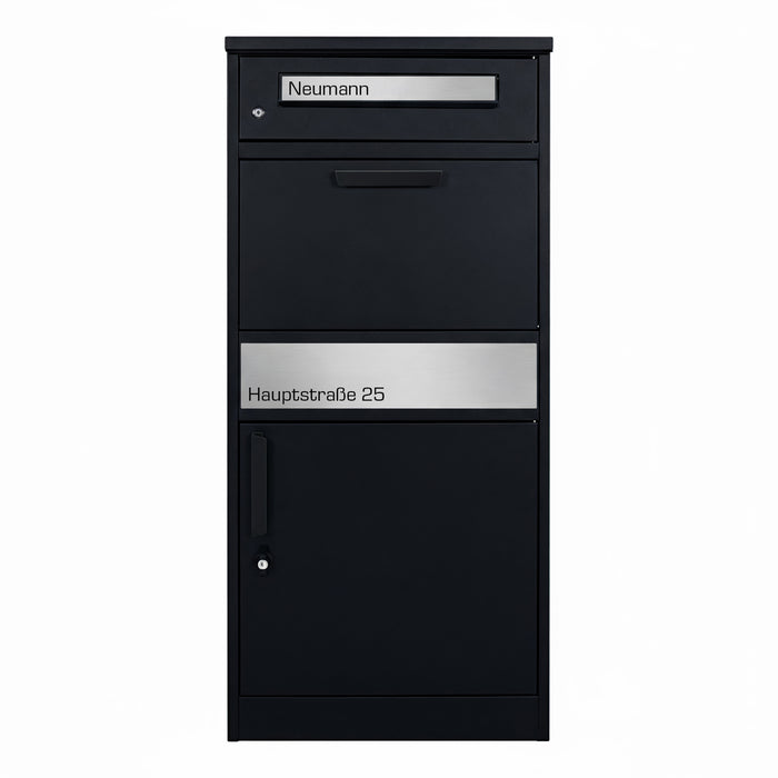 Paketbox PB1 mit Briefkasten | schwarz (RAL9005) | personalisiert mit Edelstahl-Schild