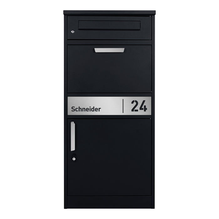AlbersDesign Stand-Paketbox PB1 Schwarz (RAL9005) personalisiert mit Edelstahl-Schild