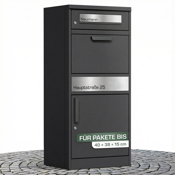 Paketbox PB1 mit Briefkasten | eisenglimmer - DB703 | personalisiert mit Edelstahl-Schild