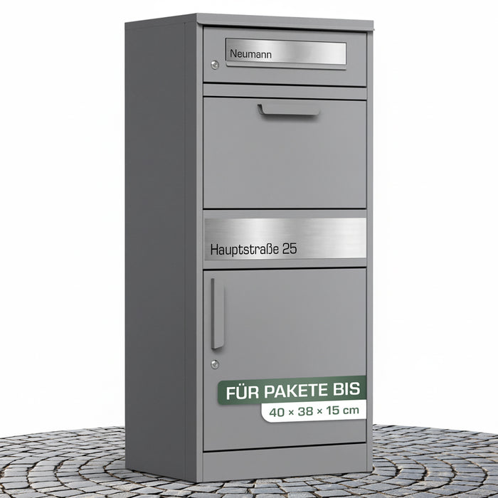 Paketbox PB1 mit Briefkasten | graualuminium - RAL9007 | personalisiert mit Edelstahl-Schild