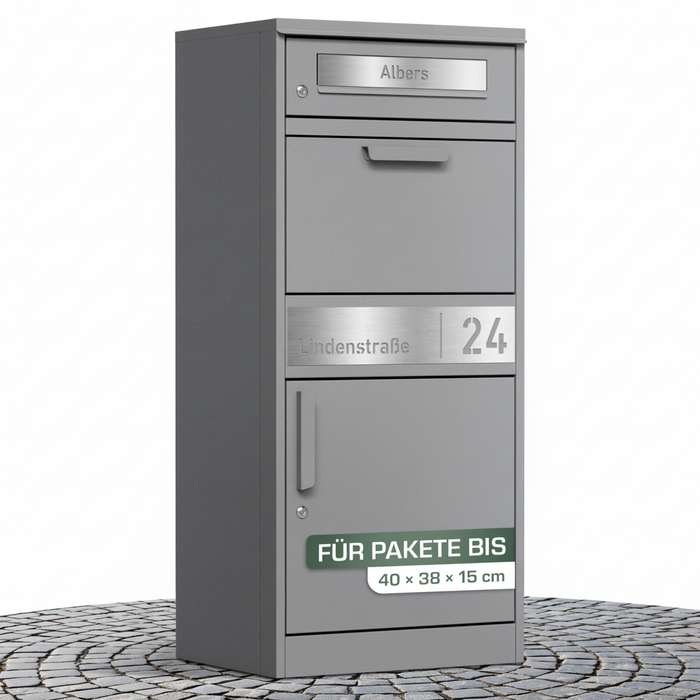 Paketbox PB1 mit Briefkasten | graualuminium - RAL9007 | personalisiert mit Edelstahl-Schild
