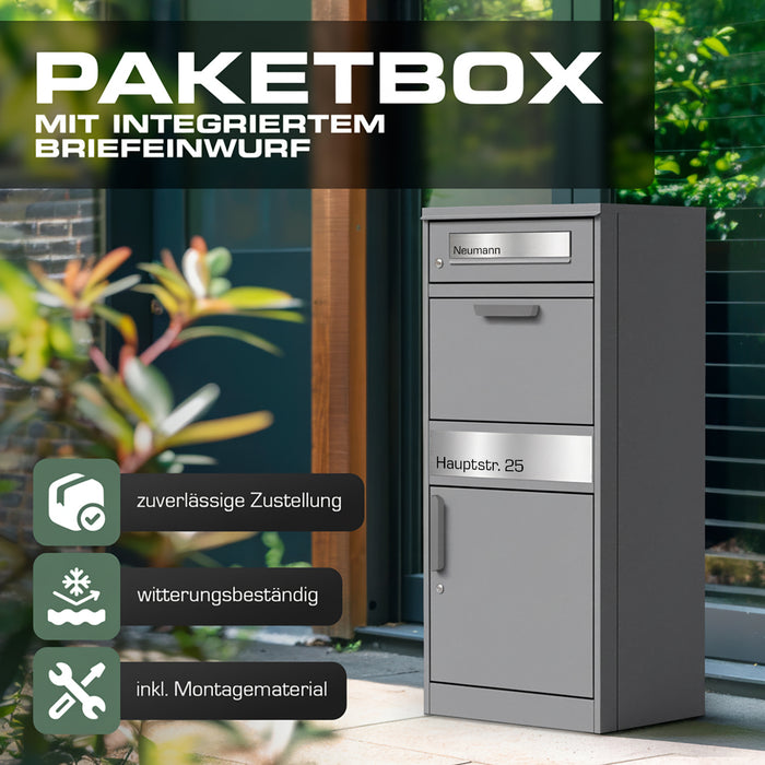 Paketbox PB1 mit Briefkasten | graualuminium - RAL9007 | personalisiert mit Edelstahl-Schild