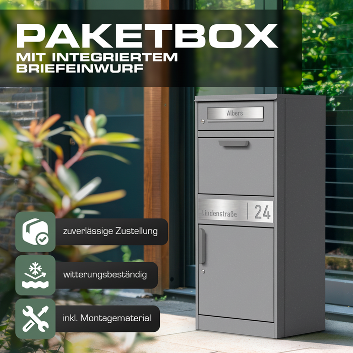 Paketbox PB1 mit Briefkasten | graualuminium - RAL9007 | personalisiert mit Edelstahl-Schild