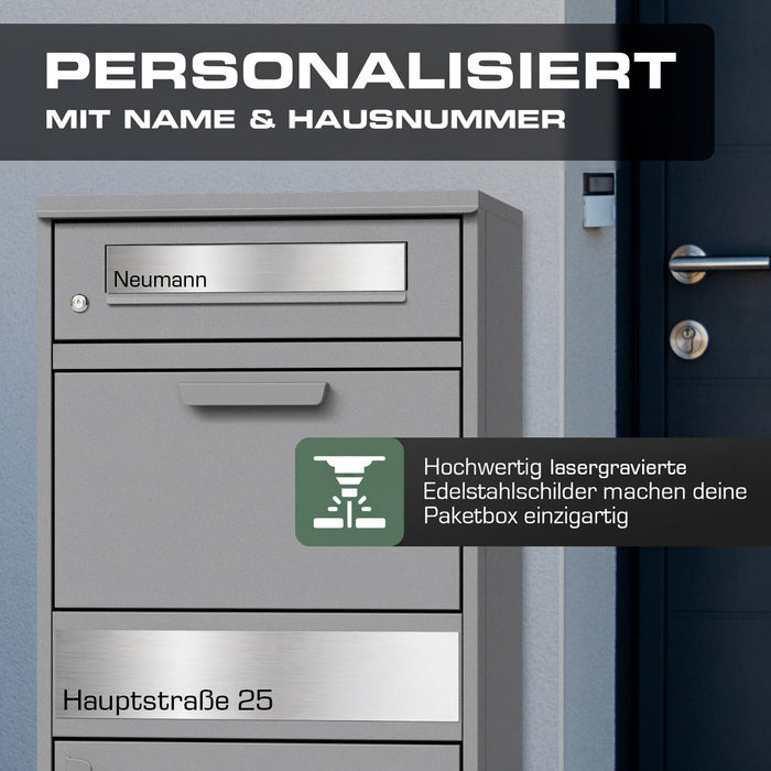 Paketbox PB1 mit Briefkasten | graualuminium - RAL9007 | personalisiert mit Edelstahl-Schild
