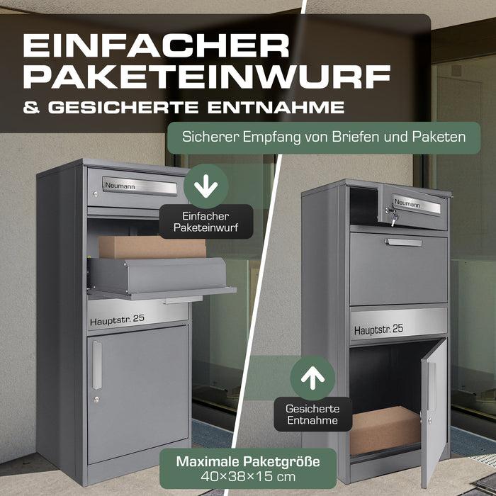 Paketbox PB1 mit Briefkasten | graualuminium - RAL9007 | personalisiert mit Edelstahl-Schild