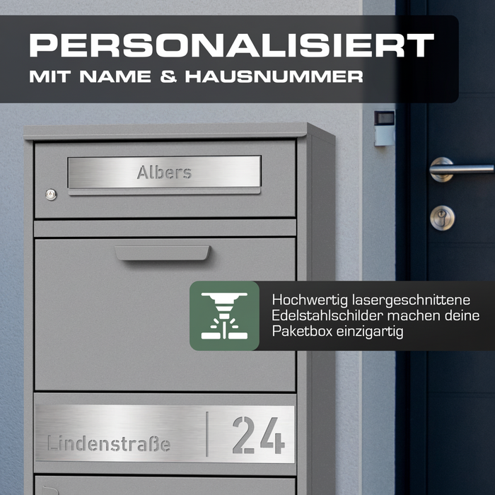 Paketbox PB1 mit Briefkasten | graualuminium - RAL9007 | personalisiert mit Edelstahl-Schild