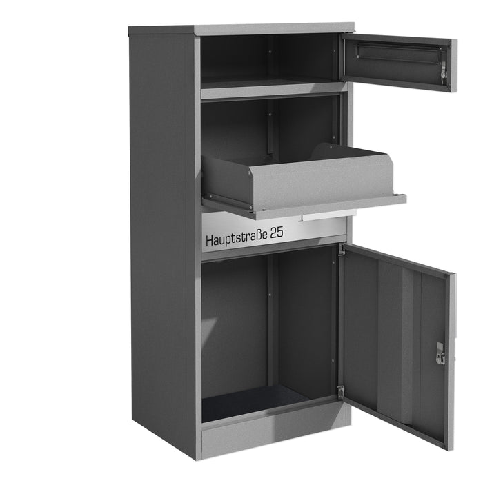 Paketbox PB1 mit Briefkasten | graualuminium - RAL9007 | personalisiert mit Edelstahl-Schild