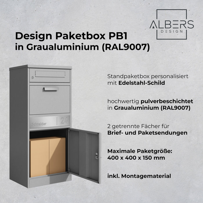 AlbersDesign Stand-Paketbox PB1 Graualuminium (RAL9007) personalisiert mit Edelstahl-Schild
