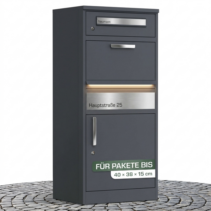 Paketbox PB1 mit Briefkasten mit Solar-Beleuchtung | anthrazit - RAL7016 | personalisiert mit Edelstahl-Schild