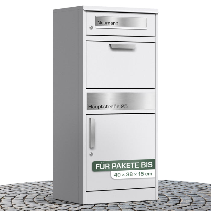 Paketbox PB1 mit Briefkasten | weiß - RAL9003 | personalisiert mit Edelstahl-Schild