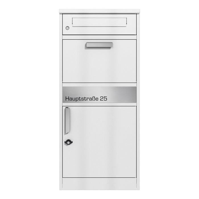 Paketbox PB1 mit Briefkasten | weiß - RAL9003 | personalisiert mit Edelstahl-Schild