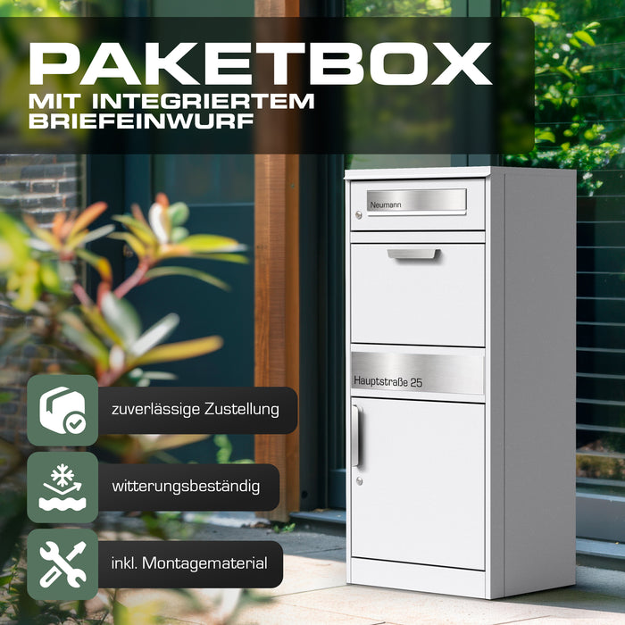 Paketbox PB1 mit Briefkasten | weiß - RAL9003 | personalisiert mit Edelstahl-Schild