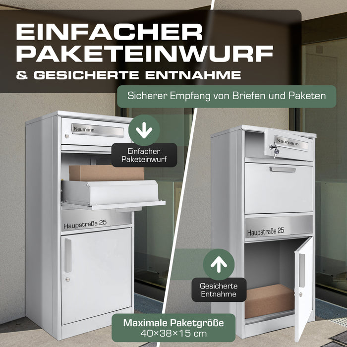 Paketbox PB1 mit Briefkasten | weiß - RAL9003 | personalisiert mit Edelstahl-Schild