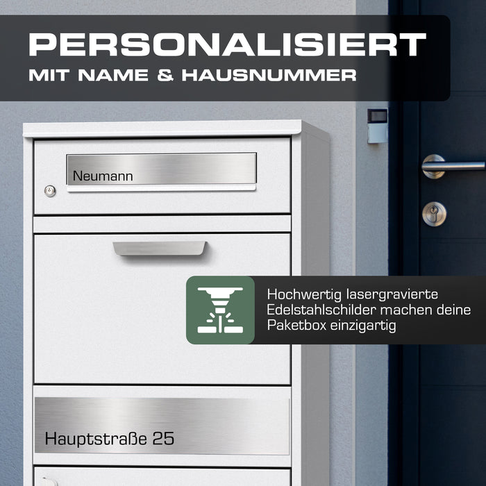 Paketbox PB1 mit Briefkasten | weiß - RAL9003 | personalisiert mit Edelstahl-Schild