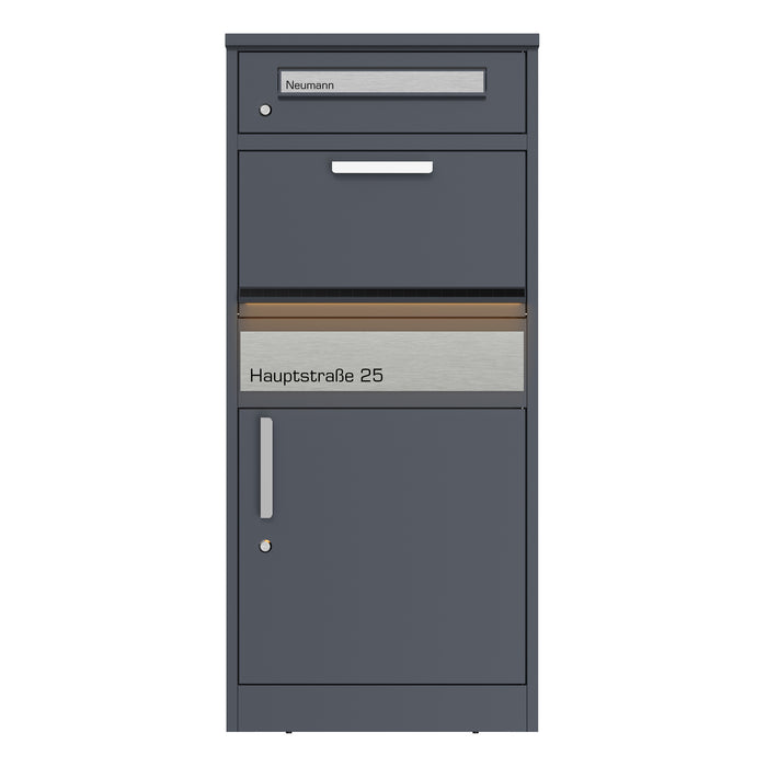 Paketbox PB1 mit Briefkasten mit Solar-Beleuchtung | anthrazit - RAL7016 | personalisiert mit Edelstahl-Schild