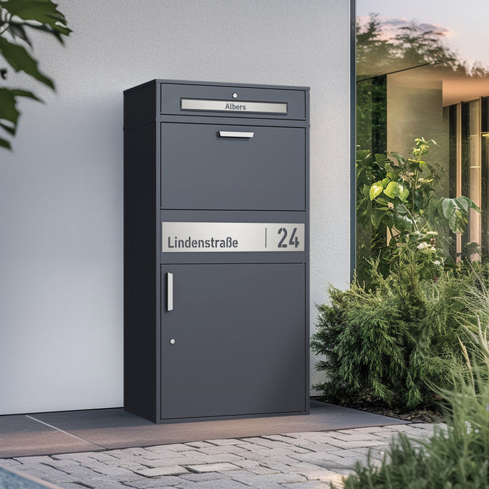 XXL Paketbox mit Briefkasten | anthrazit - RAL7016 | personalisiert mit Edelstahl-Schild