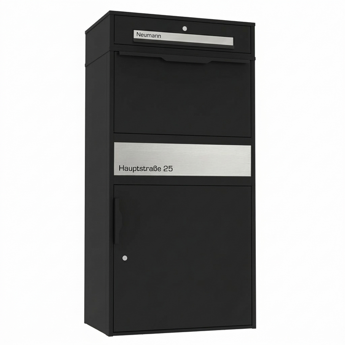 XXL Paketbox mit Briefkasten | schwarz (RAL9005) | personalisiert mit Edelstahl-Schildern