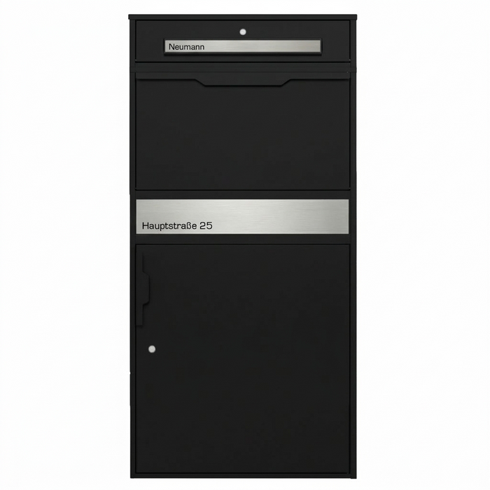 XXL Paketbox mit Briefkasten | schwarz (RAL9005) | personalisiert mit Edelstahl-Schildern
