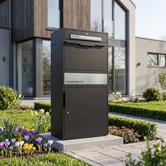 XXL Paketbox mit Briefkasten | schwarz (RAL9005) | personalisiert mit Edelstahl-Schildern