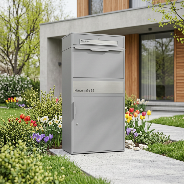 XXL Paketbox mit Briefkasten | Graualuminium - RAL9007 | personalisiert mit Edelstahl-Schildern