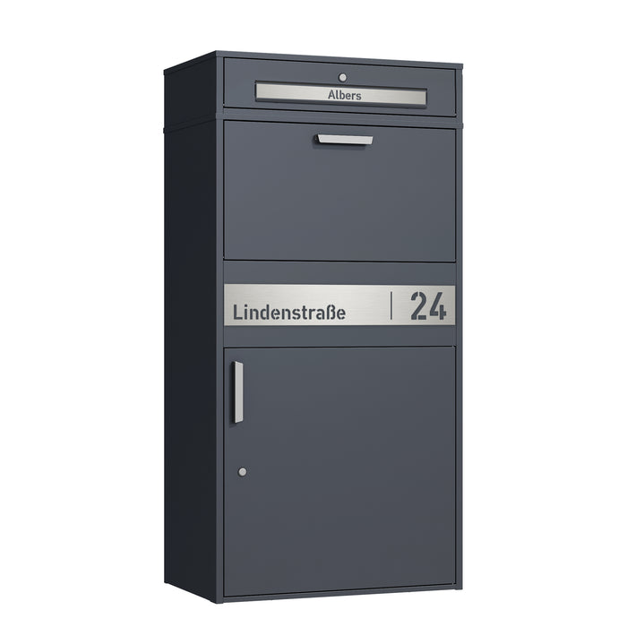 XXL Paketbox mit Briefkasten | anthrazit - RAL7016 | personalisiert mit Edelstahl-Schild