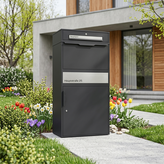 XXL Paketbox mit Briefkasten | anthrazit - RAL7016 | personalisiert mit Edelstahl-Schildern