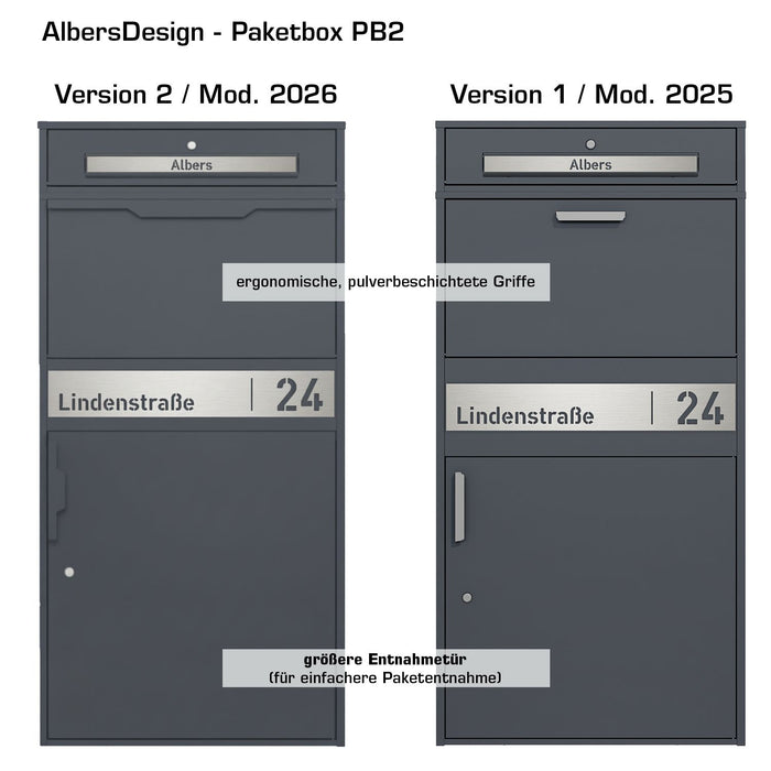 Vorbestellung XXL Paketbox mit Briefkasten Version 2 | anthrazit - RAL7016 | personalisiert mit Edelstahl-Schild