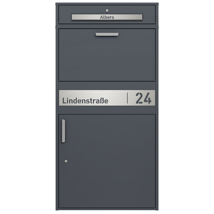 XXL Paketbox mit Briefkasten | anthrazit - RAL7016 | personalisiert mit Edelstahl-Schild