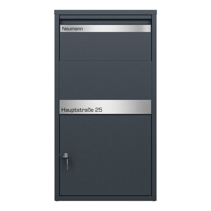 AlbersDesign Paketbox PB4 anthrazit (RAL7016) personalisiert mit Edelstahl-Schild