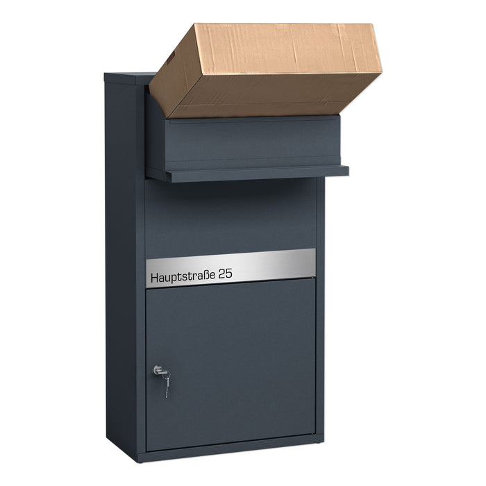 AlbersDesign Paketbox PB4 anthrazit (RAL7016) personalisiert mit Edelstahl-Schild