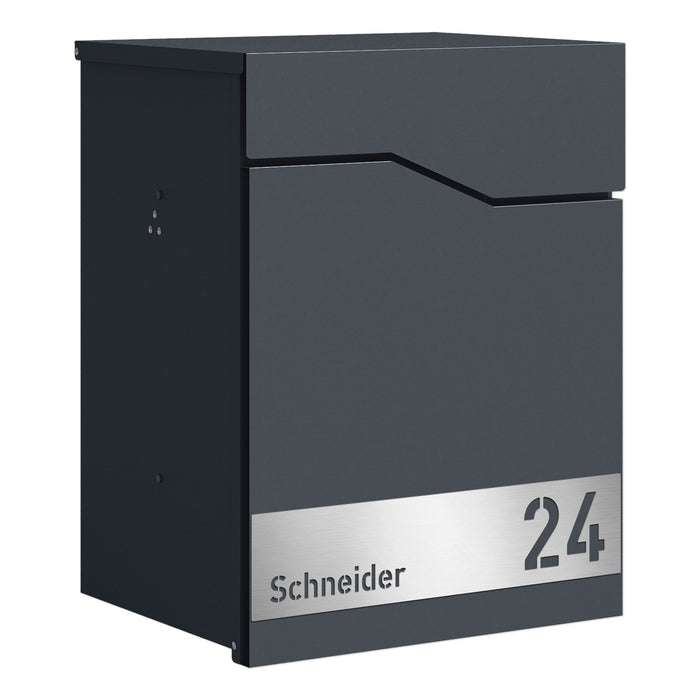 AlbersDesign Paketbox PB7 in Anthrazit (RAL7016) personalisiert mit Edelstahl-Schild