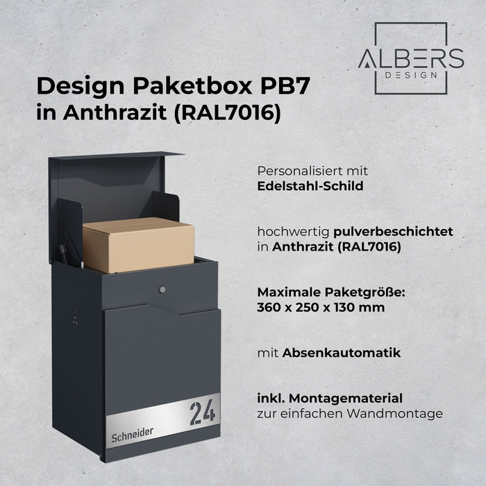 AlbersDesign Paketbox PB7 in Anthrazit (RAL7016) personalisiert mit Edelstahl-Schild