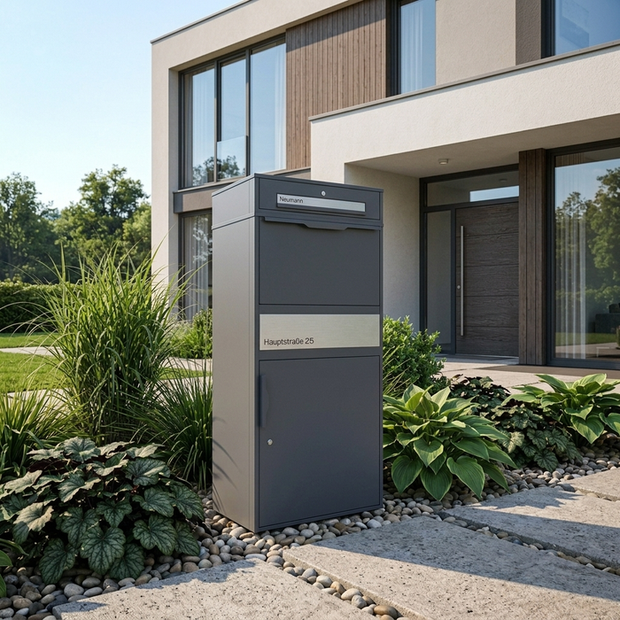 XXL Paketbox mit Briefkasten | anthrazit - RAL7016 | personalisiert mit Edelstahl-Schildern