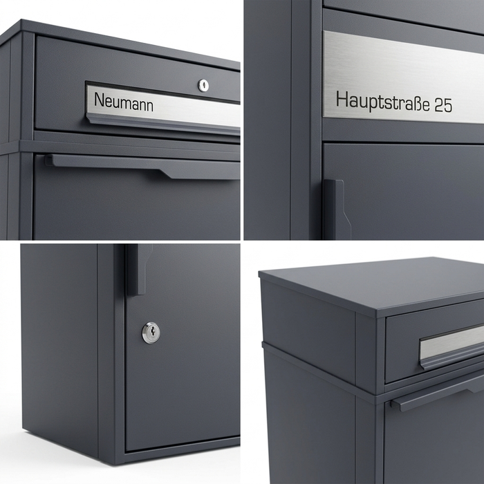 XXL Paketbox mit Briefkasten | anthrazit - RAL7016 | personalisiert mit Edelstahl-Schildern