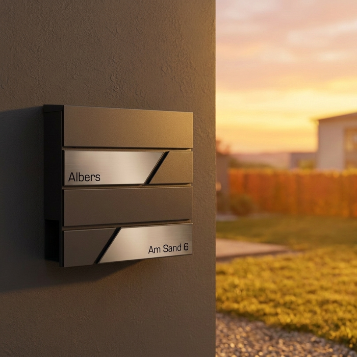 AlbersDesign Briefkasten B1 anthrazit (RAL7016) personalisiert mit Edelstahl-Schildern