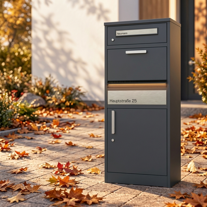 Paketbox PB1 mit Briefkasten mit Solar-Beleuchtung | anthrazit - RAL7016 | personalisiert mit Edelstahl-Schild